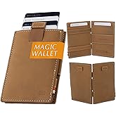GARZINI Magic Wallet with Pull-Tab, Minimalist Wallet with RFID card holder, Leather Wallet for 12 cards, Camel Brown