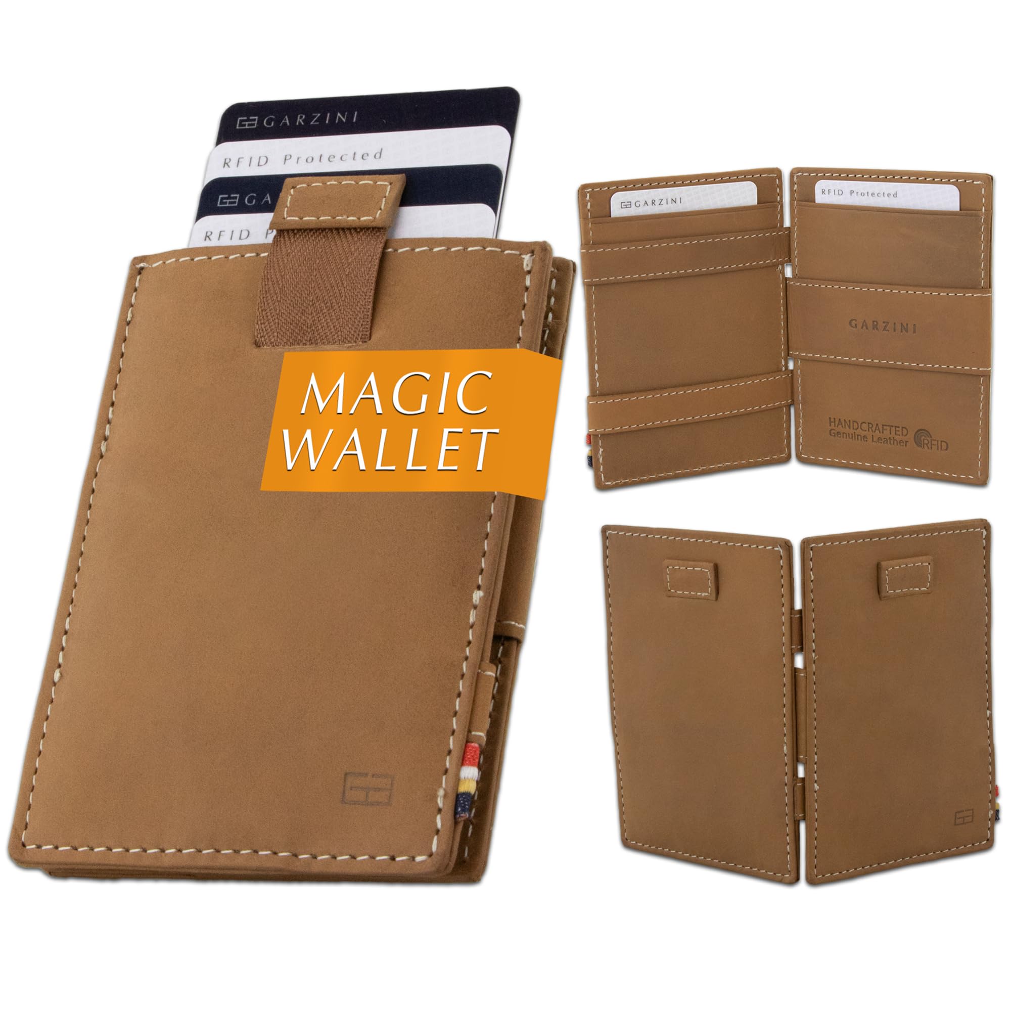 Garzini Magic Wallet with Pull-Tab, Mens Wallet Leather, ID Card Holder RFID Blocking, Slim Wallet for Men for 12 Cards, Camel Brown