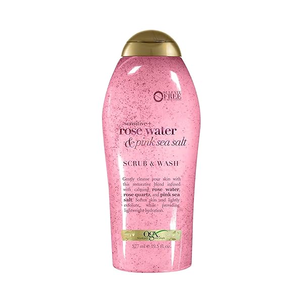 OGX SENSITIVE + ROSE WATER & PINK SEA SALT EXFOLIATING BODY SCRUB + ROSE QUARTZ, GENTLE EXFOLIATING DAILY BODY WASH SOFTENS SKIN, BODY SCRUB FOR WOMEN, SULFATE-FREE SURFACTANTS, 19.5 FL OZ