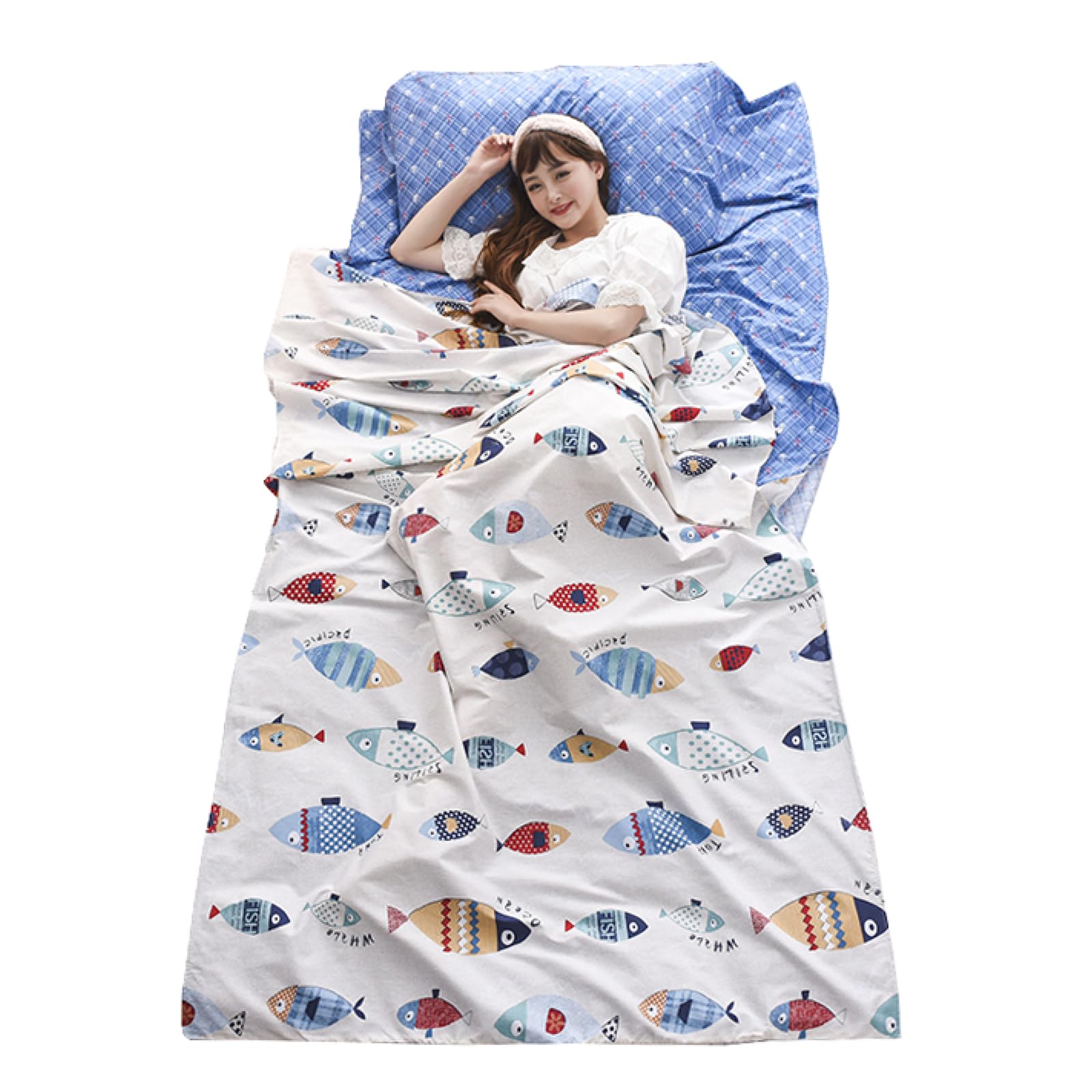 TRIWONDER Cotton Sleeping Bag Liner for Adults Lightweight Travel Sheet & Sleep Sack for Camping, Backpacking, Hostels and Hotels (Light Blue, S - 80 x 230 cm)