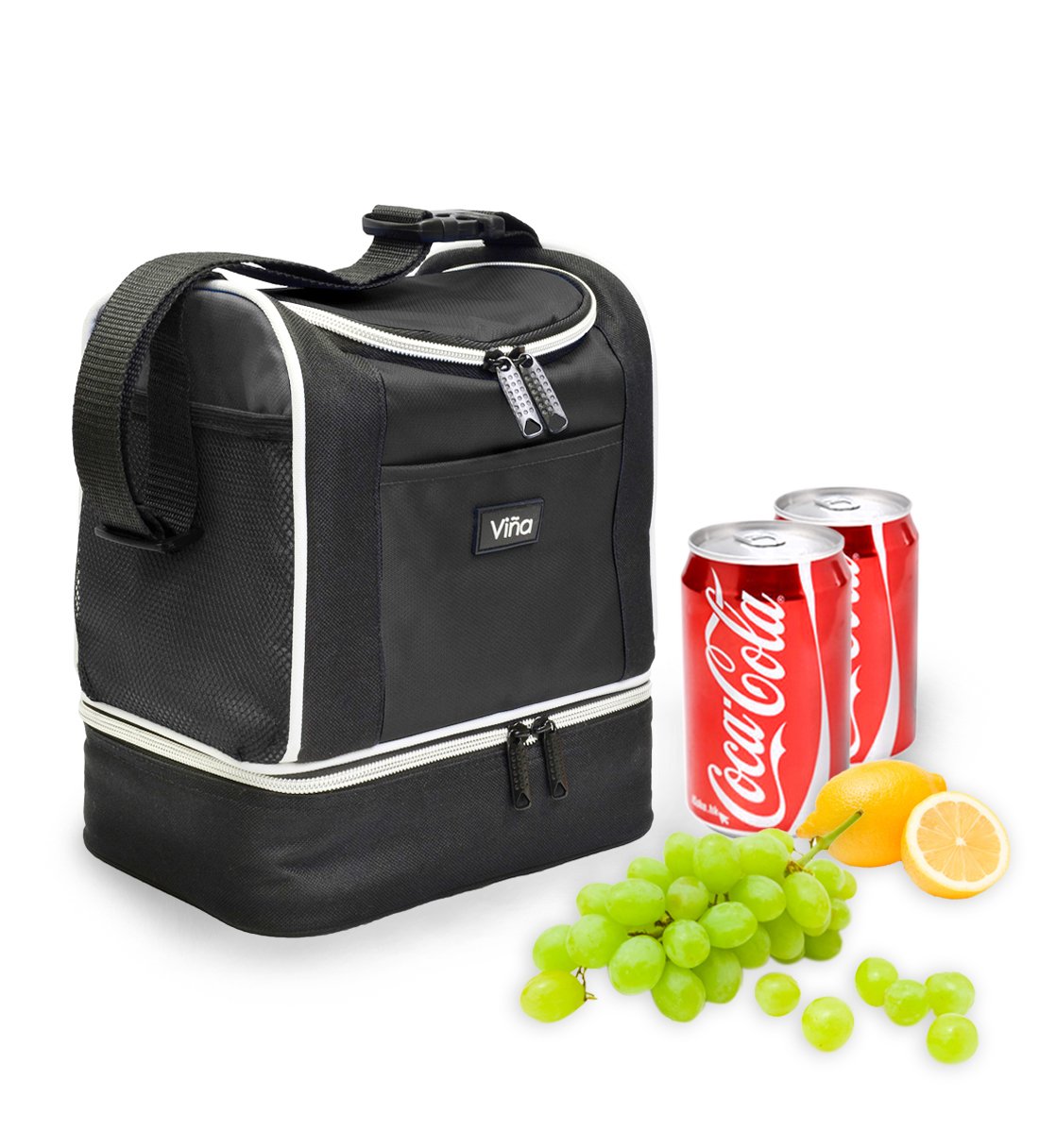 Vina Insulated Lunch Bag, Dual Compartment Reusable Bento Lunch Box Cooler Tote with Shoulder Strap for Adult and Kids, Black