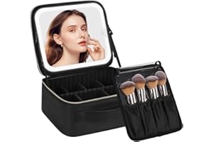 Chomeiu Makeup Bag with LED Mirror, Travel Makeup Case for Women and Makeup Artists Cosmetic Organizer Large Make Up Bags with Light Up Mirror, 3 Color Lights, Adjustable Dividers and Brush Holder