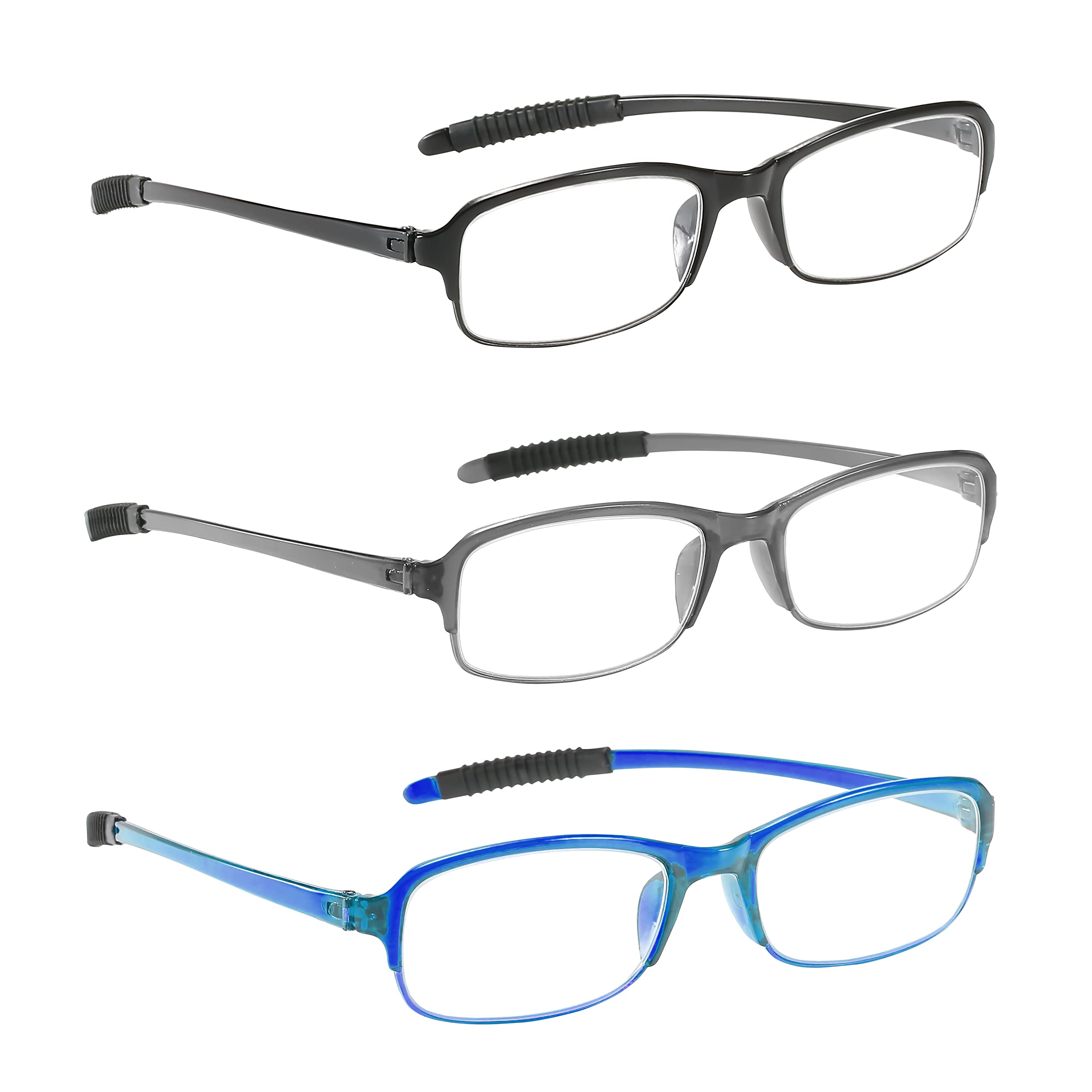 NRDIK PROFLEX SpareSpecs Reading Glasses (value 3 pack) - lightweight impact resistant, scratch resistant, bendy, flexible, anti-slip, unisex (mens + womens) (blue, black, grey; oval; +3.0)