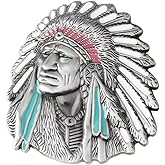 Longcreek Native American Indian Chief Belt Buckle for Men, Tribal Buckle, Warrior Head Western Cowboy Best Man Wedding Gifts (Silver)