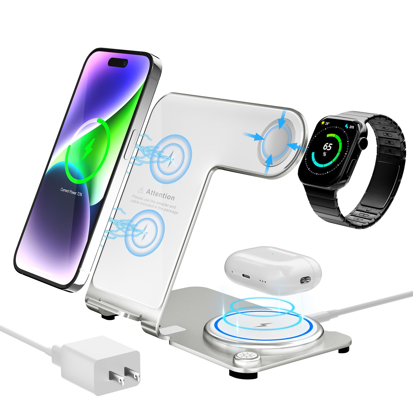 Wireless Charger, Aluminum Alloy 3 in 1 Wireless Charging Station for Apple iPhone/iWatch/Airpods,iPhone15 14,13,12,11 (Pro, ProMax)/XS/XR/XS/X/8(Plus),iWatch8/7/6/SE/5/4/3/2,AirPods 3/2/pro