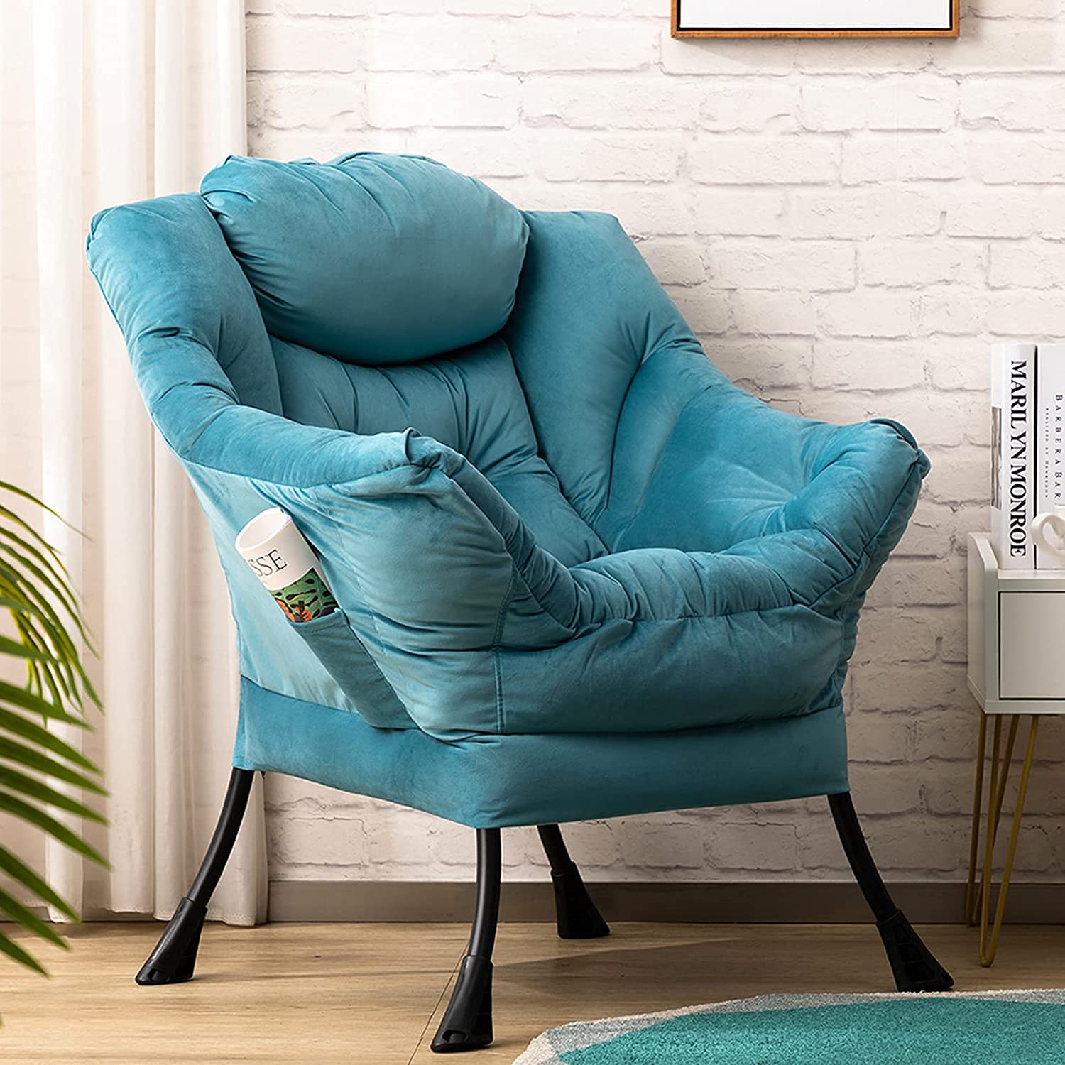 HollyHOME Armchair Velvet Comfy Chair for Living Room Bedroom Reading Chair Accent Chairs Relax Arm Chairs with Steel Frame, Lake Blue