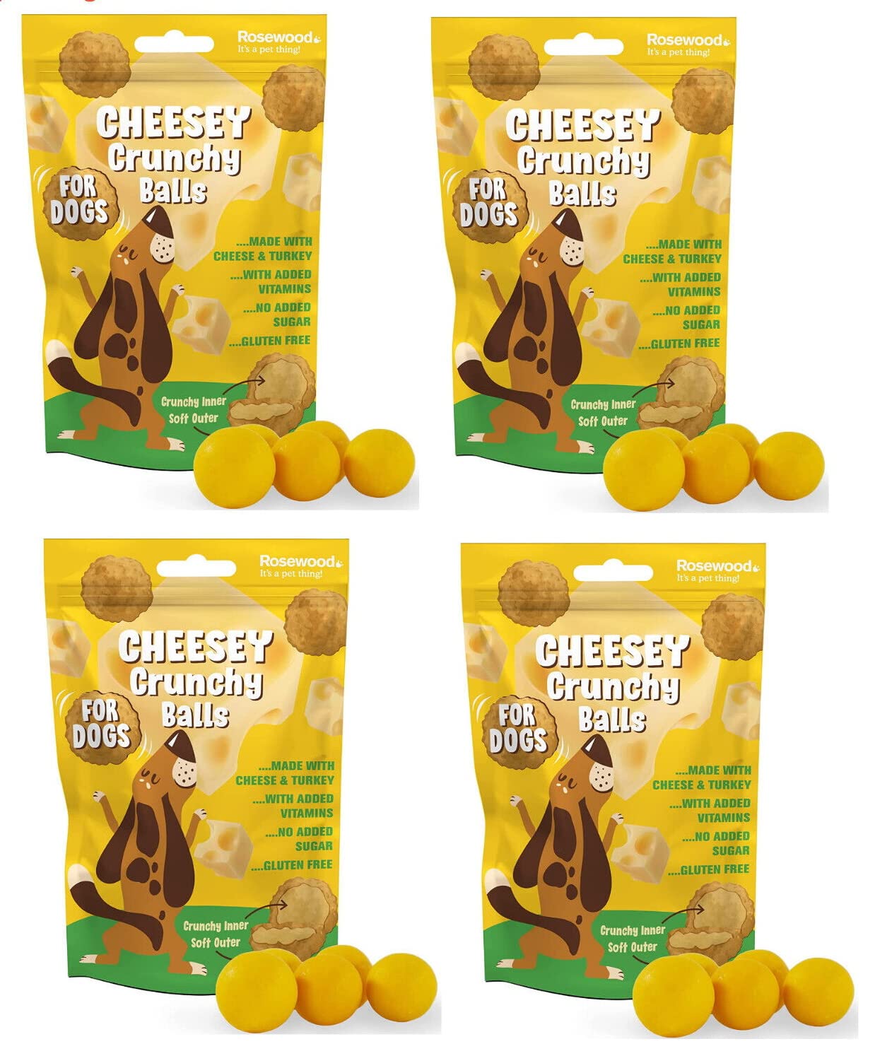 4 PACK ROSEWOOD CHEESEY CRUNCHY MEATBALLS CHEESE TURKEY DOG TREATS VITAMINS 140G