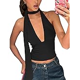 Womens Sexy Scarf Halter Tops Going Out Deep V Neck Sleeveless Backless Crop Top Slim Fit Y2k Summer Clubwear Party Top