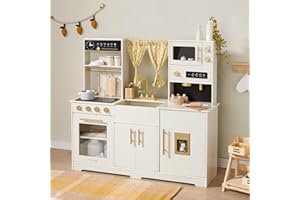 Tiny Land Play Kitchen for Kids, Toy Kitchen Set with Plenty of Play Features, New Modern Kids Wooden Play Kitchen Designed in Trendy Home Style with Curtains, Gift for Ages 3+