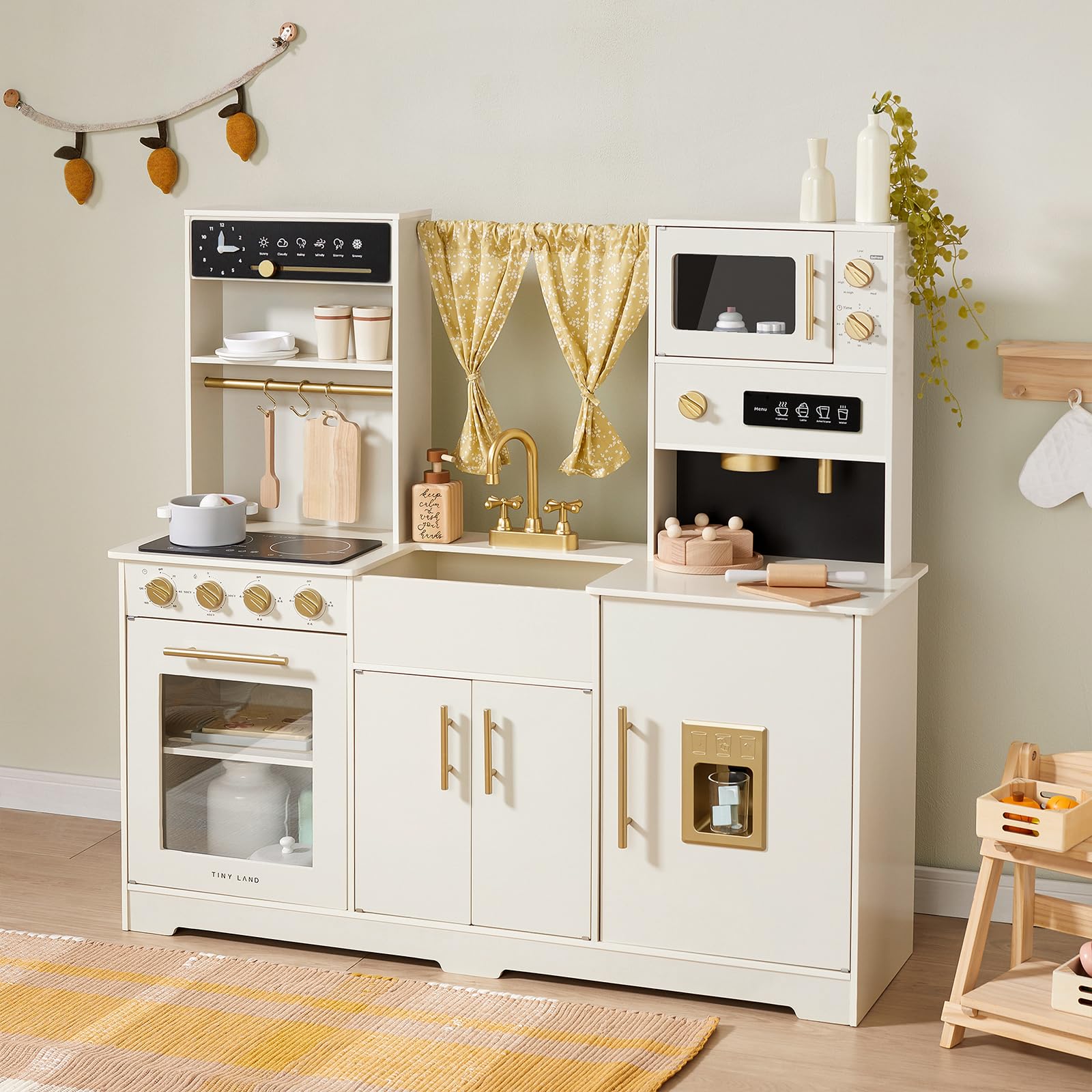 Photo 1 of ***Missing parts******Missing parts***Tiny Land Play Kitchen for Kids, Toy Kitchen Set with Plenty of Play Features, New Modern Kids Wooden Play Kitchen Designed in Trendy Home Style with Curtains, Gift for Ages 3+