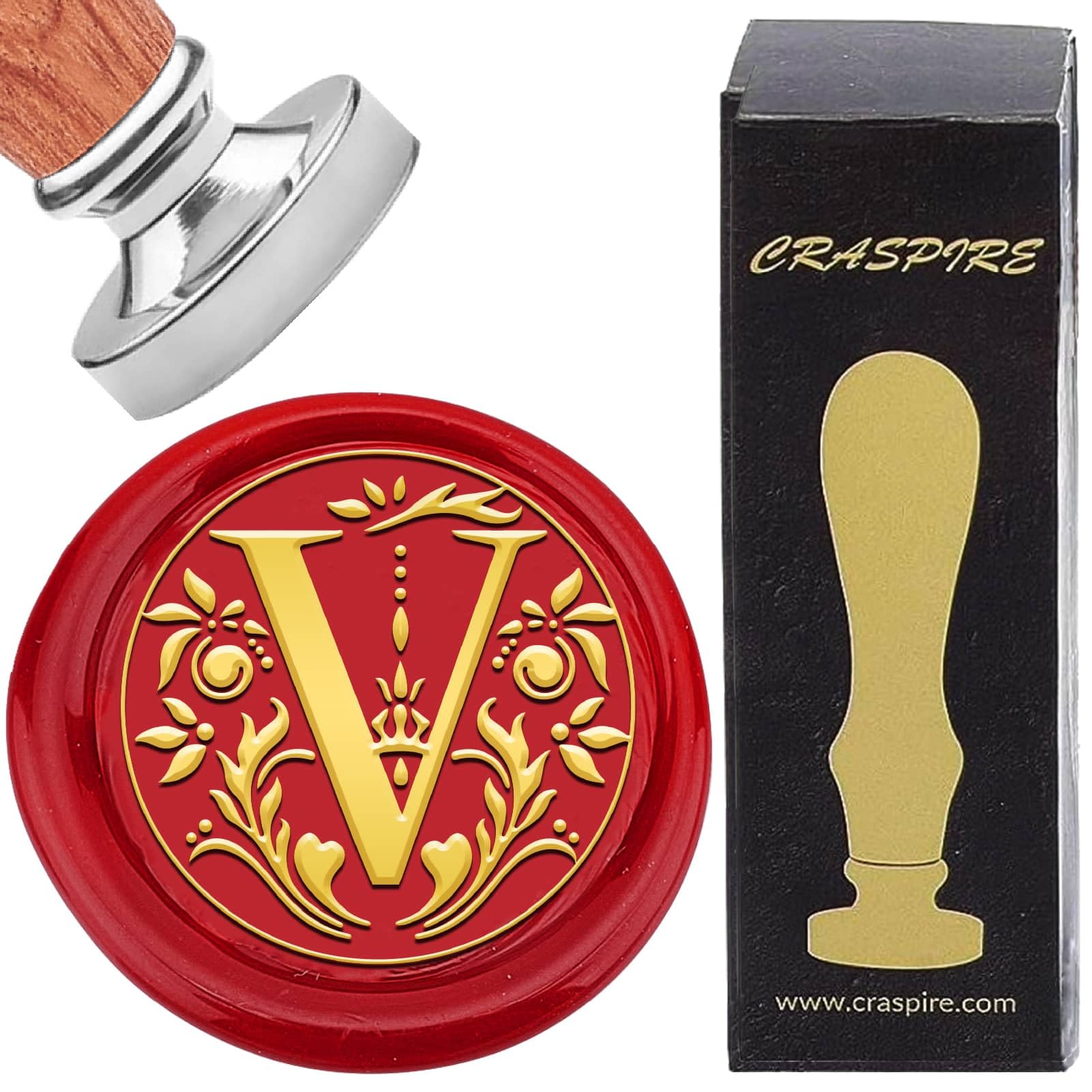 CRASPIRE Letter V Wax Seal Stamp Retro Alphabet Initials Sealing Wax Stamp Classic Vintage 26 Letters A-Z 25mm Removable Silver Color Plated Brass Head wood Handle for Invitation Gift Decoration