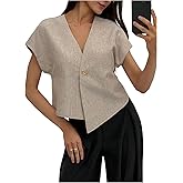GORGLITTER Women's Button Blouses Dressy Casual V Neck Short Sleeve Work Business Shirt