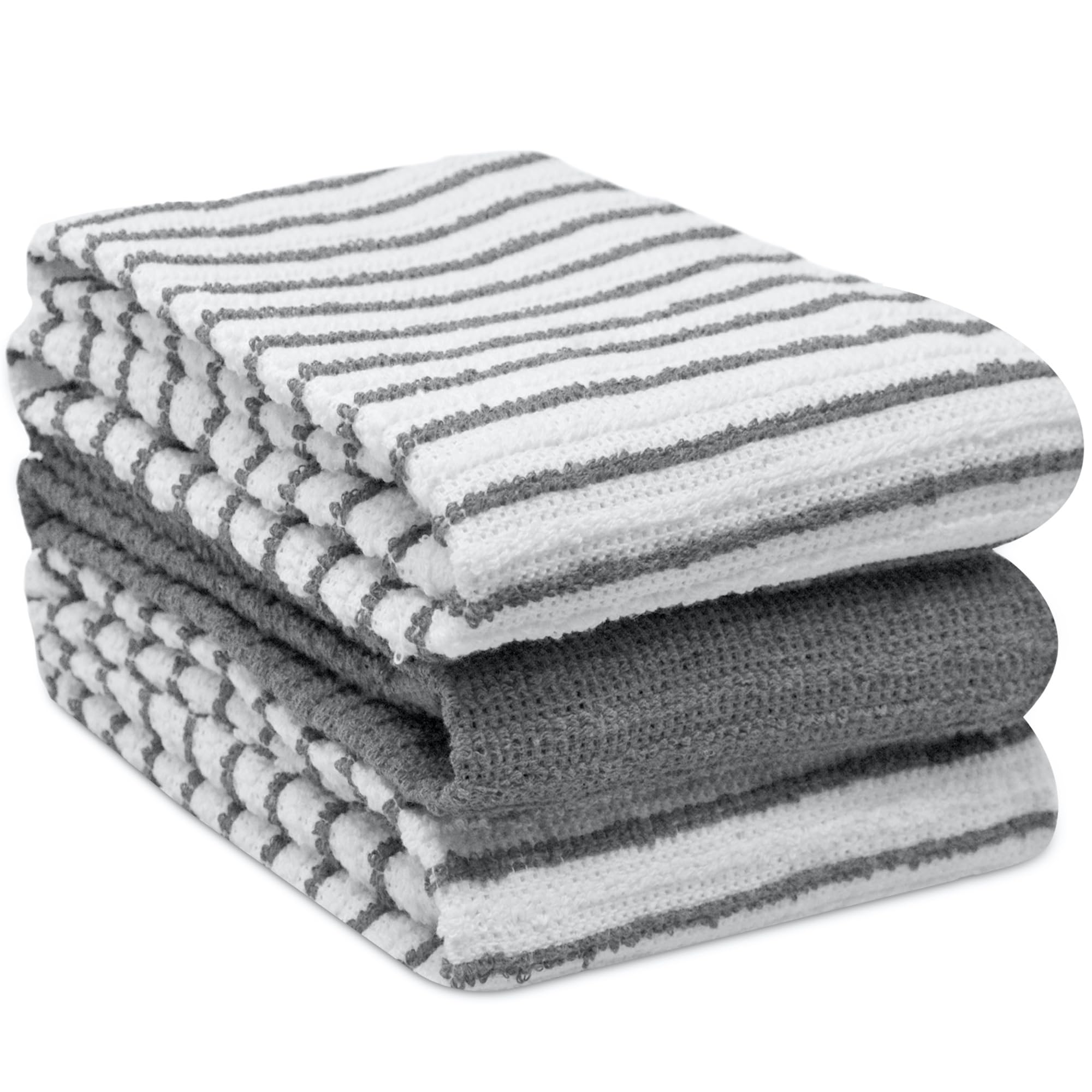 Towelogy Kitchen Tea Towels Set Of 3 Cotton - 40 x 60 cm Super Soft & Quick Drying Dish Cloths - Striped & Solid Designed (Grey/White, 3)