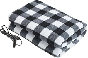 Tuanse 58 x 43 Inches Car Electric Blanket 12 Volt Heated Car Blanket with Temperature Controller and Transparent Storage Bag Cold Weather Tailgating and Emergency Kit(Black White,Plaid)