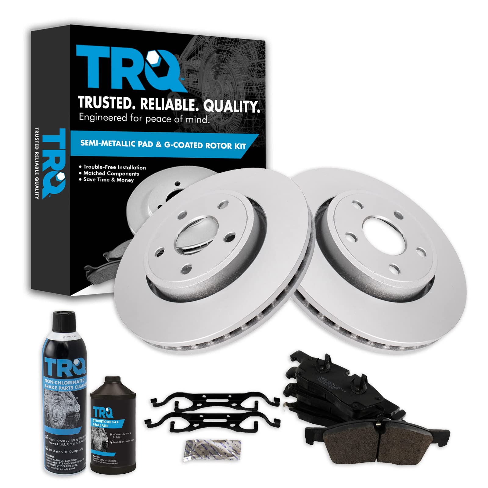 TRQ Front Brake Pad & Rotor Kit Brake Chemical Kit Brake Pads Brake Rotor Semi-Metallic Premium G-Coated Compatible with 2011-2016 Dodge Durango Jeep Grand Cherokee Image