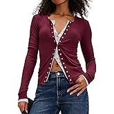 Womens Button Front Closure Fitted Stretchy Long Sleeve Waffle Cardigan Shirts Y2k Going Out Cute Crop Tops
