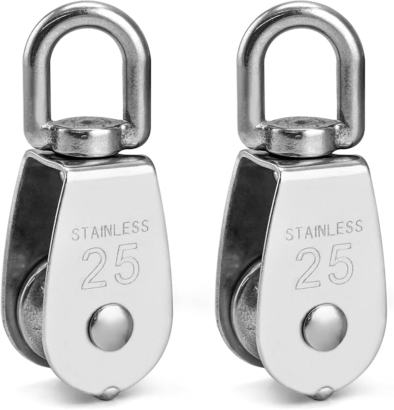 QWORK 2PCS M25 Single Pulley Block 304 Stainless Steel 11mm Wire 360 Swivel