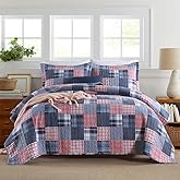VISIMISI Cotton Bedding Quilt Sets Reversible All Season Real Patchwork Coverlet Sets All Season Blue Bedspread, Houndstooth Plaid Pattern, King Size