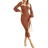 ZESICA Women's 2026 Square Neck Ribbed Knit Dress Puff Long Sleeve Slim Fit Bodycon Fall Winter Pullover Sweater Dress