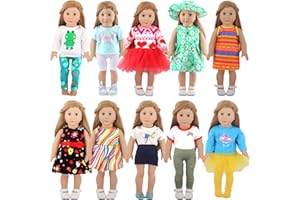 MSYO 16 Pcs 18 Inch Doll Clothes and Accessories, 10 Complete Sets of Doll Outfits, Fashionable Dresses, Frog Pajamas, Doll Pants and Tights, Mini Skirt, Doll Costumes with Hat for Cute Doll Girls