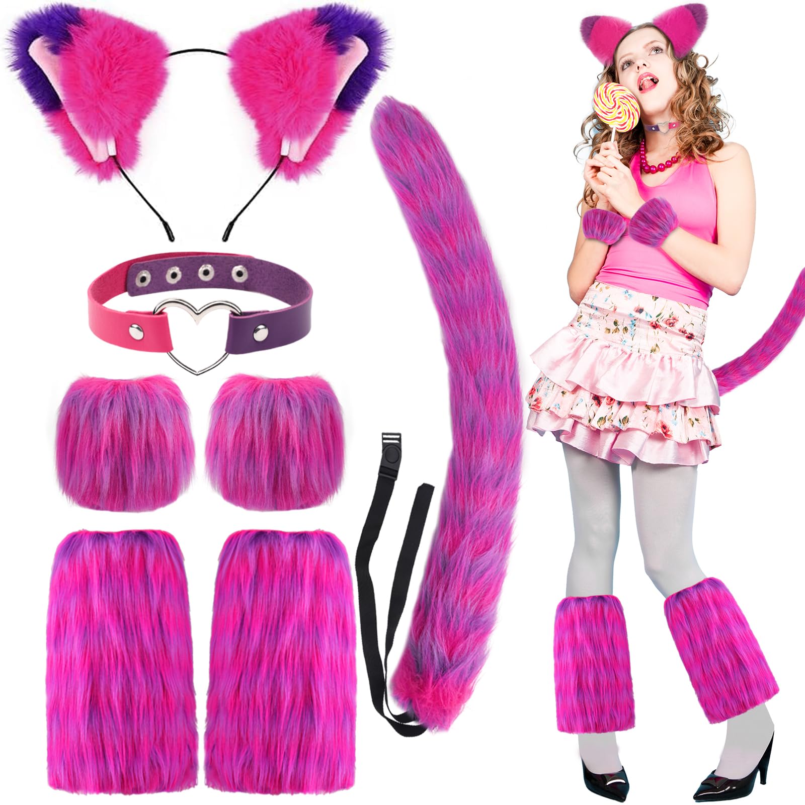 KMLGY 5 PCS Pink and Purple Striped Cat Costume Accessories - Cat Ears Headband, Furry Tail, Love Heart Choker, Striped Gloves and Leg Warmers for Halloween Party Dress up