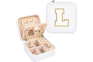 FUNARTY Travel Jewelry Case Organizer, Gifts for Women, Small Jewelry Box Jewelry Organizer, Necklace Organizer Earring Organizer Box with Mirror, White Travel Essentials Initial L