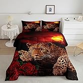Feelyou Sunset Bedding Set Leopard Comforter for Kids Adult Red Rose Floral Cheetah Print Comforter Set Wild Animal Duvet Set Luxury Room Decor 3Pcs with 2 Pillow Case Full Size Boys