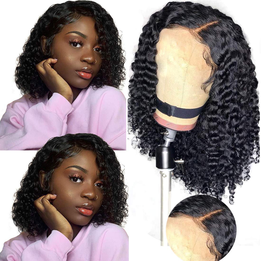 Ali Julia Hair 10A Curly Bob Wig Lace Front Human Hair Culy Wigs 180% Density,13x4 Lace Pre Plucked with Baby Hair Malaysian Virgin Curly Hair Wigs Natural Black Color 12inch