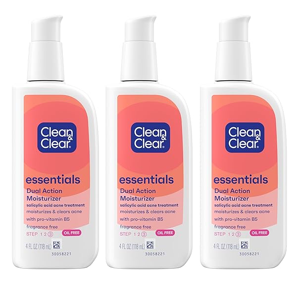 CLEAN & CLEAR ESSENTIALS DUAL ACTION OIL-FREE FACIAL MOISTURIZER, SALICYLIC ACID ACNE TREATMENT WITH PRO-VITAMIN B5 MOISTURIZES WHILE TREATING ACNE & HELPING TO PREVENT PIMPLES, 4 FL. OZ, 3 PACK
