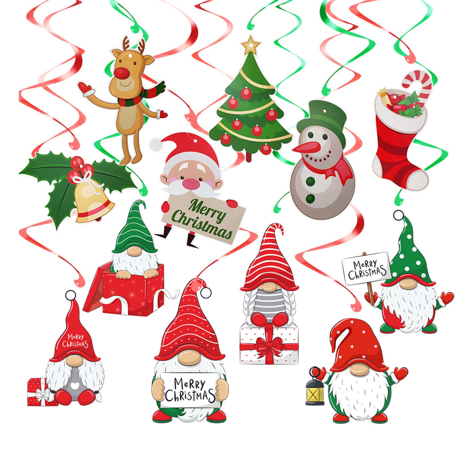 12Rolls Christmas Party Ceiling Hanging Decorations-Merry Christmas Tree Elk Santa Snowman Socks Spiral Garland Ceiling Swirls Hanging Decorations,Xmas Spiral Garlands for Xmas Theme Party Favors