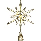 Sonwyoung Large Christmas Star Tree Topper with 20 LED Lights, Glitter Star Tree Topper Sparkle Xmas Treetop Ornament for Christmas Trees Party Holiday Decorations(13 Inch,Gold)