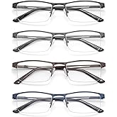 HIGHLIKE Blue Light Reading Glasses for Men, Metal Half Frame Readers Spring Hinge Clear Lens Eyeglasses with Pouches