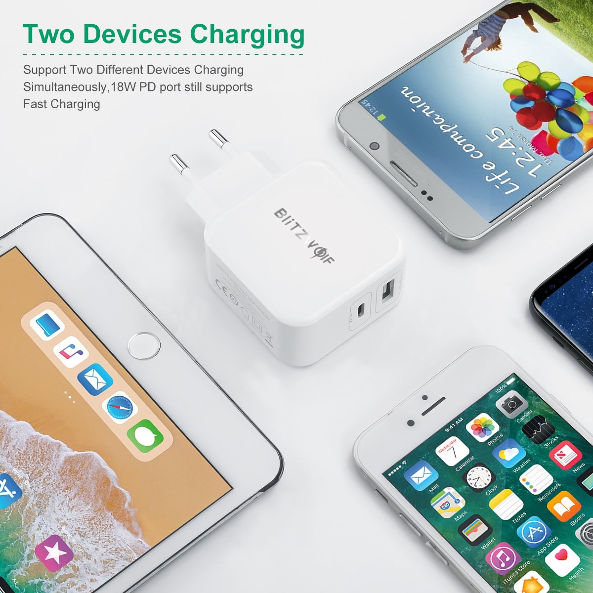 USB C Ladegerät mit Power Delivery, BlitzWolf QC3.0 30W 2-Port (Typ C PD & 5V 2.4A) USB Netzteil Typ C PD Ladegerät für iPhone X / 8/7/6 / 6S / 5S, Samsung Galaxy S9 / S8 / S8 Plus, Huawei P9 / Mate 9, HTC, LG, Xiaomi, iPad, Tablet (Weiß)