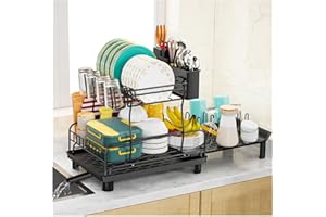 Expandable Dish Drying Rack, 2-Tier Kitchen Organizer with Utensil Holder, Cup Stand, Drainboard for Kitchen Counter, Black