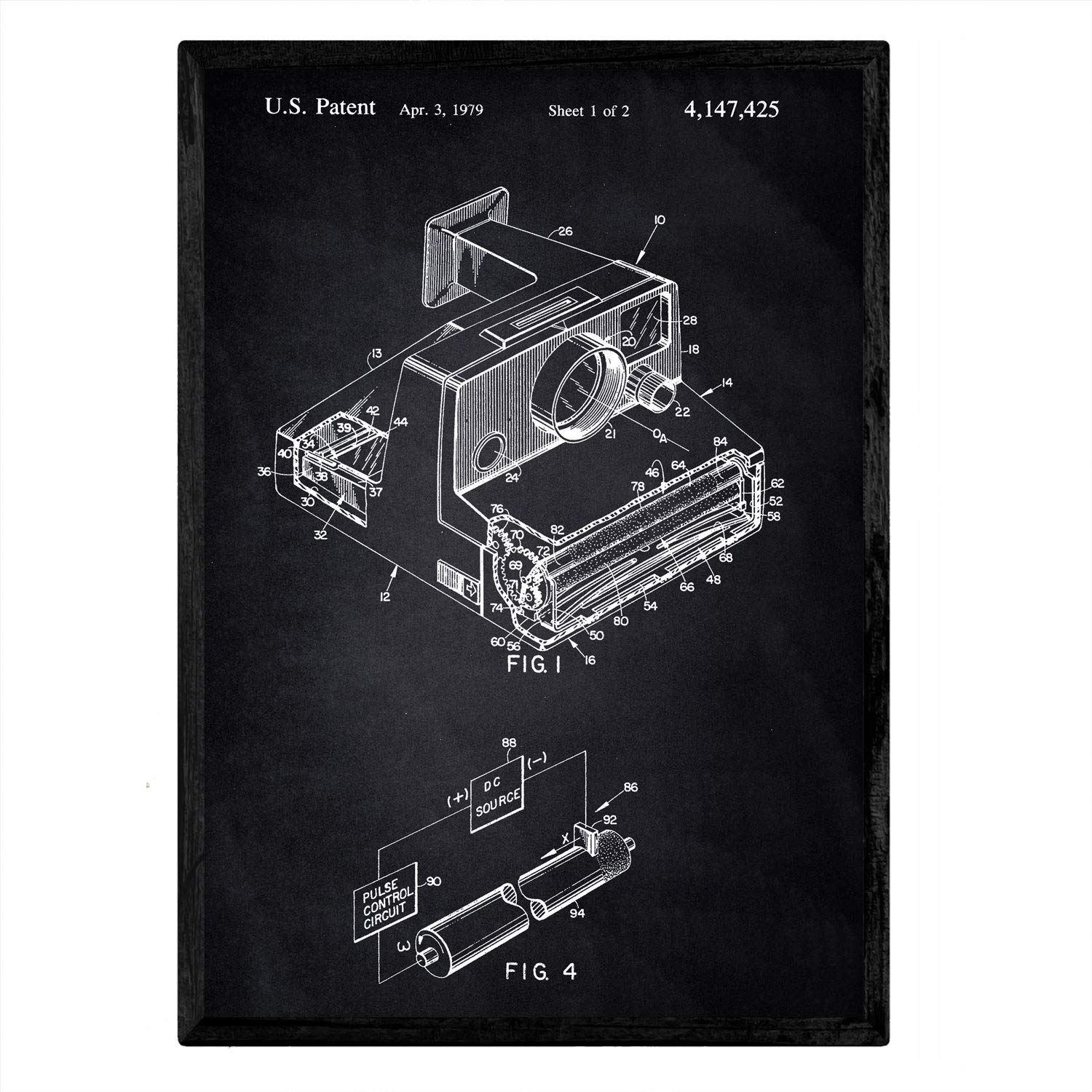 Nacnic Patent Poster with Polaroid camera. Sheet with old design patent A3 size with black background
