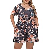 Nemidor Plus Size Casual Short Romper for Curvy Women Summer Stretchy Outfits Jumpsuit with Belt and Pocket 16-26