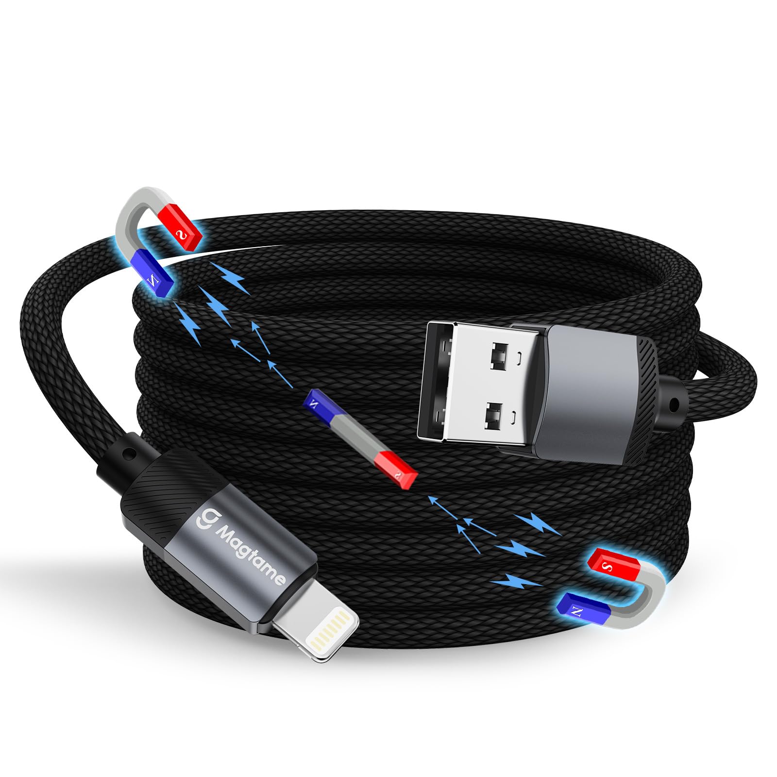 Photo 1 of Magtame Magnetic iPhone Charger Cord 5ft Coiled, USB A to Lightning Cable Fast Charging Nylon Braided - MFi Certified Compatible with iPhone 14 13 12 11 Pro Max 8 7 Original Design Patent Product