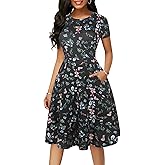 oxiuly Women Casual Dress Round Neck Soft Cotton Floral A-Line Midi Summer Dresses with Pockets OX262