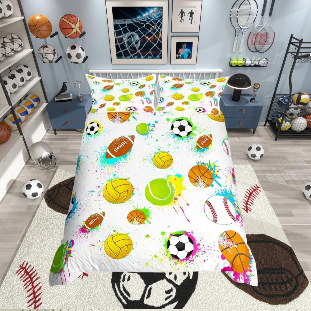 Loussiesd Sports Comforter Cover Tie Dye Basketball Baseball Football Bedding Set 3D Ball White Duvet Cover for Kids Boys Girls Microfiber Bedspread Cover Single