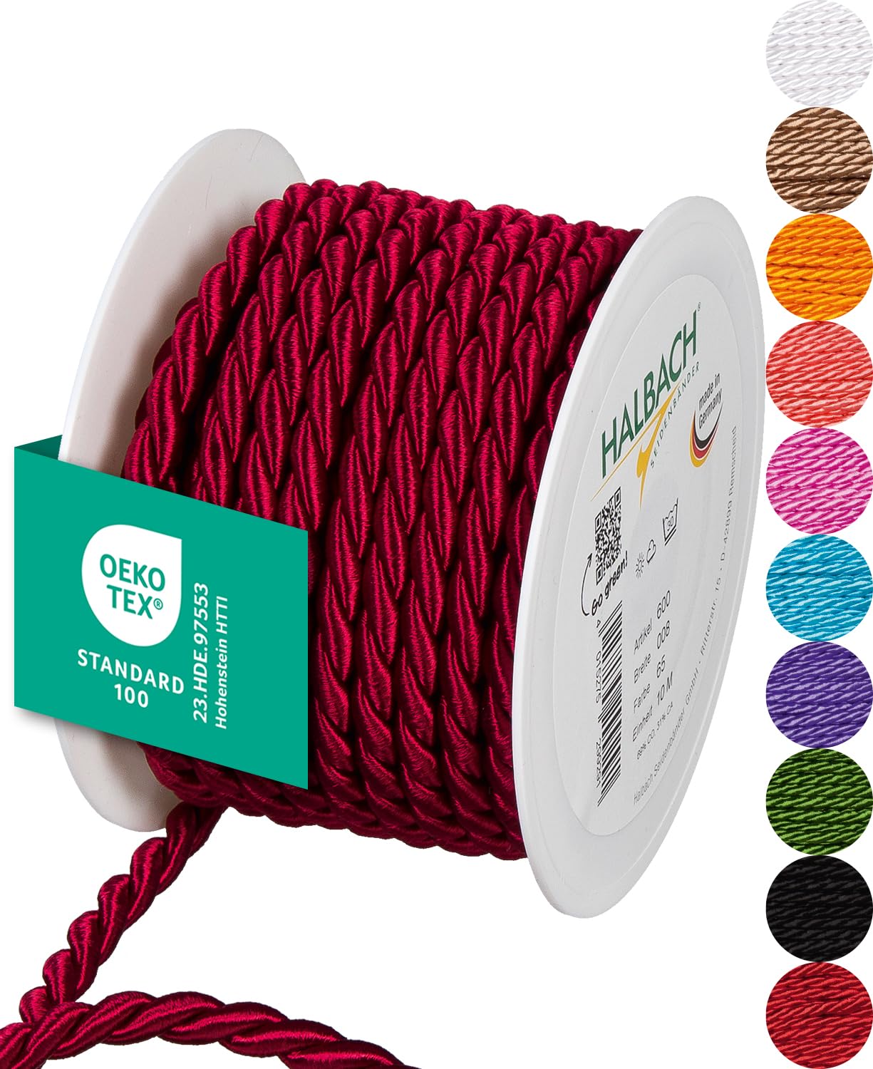 Halbach Seidenbänder Premium Cord (Wine Red) | Width 8 mm Length 10 m | Made in Germany & Oeko-Tex Certified | Shiny Satin Cord Made of Acetate