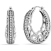 LeCalla 925 Sterling Silver Filigree Hoop Earrings | Hypoallergenic Lightweight Intricate Floral Filigree Earring Snap-Back Closure for Women