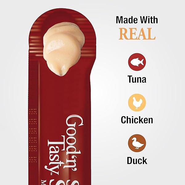 GOOD ‘N’ TASTY SAVORY SPOONABLES WITH REAL TUNA, CHICKEN AND DUCK FOR CATS, 10 COUNT, TREAT YOUR CAT TO TRIPLE FLAVOR SQUEEZABLE LICKABLE WET TREATS WITH BUILT-IN SPOON FOR LESS MESS