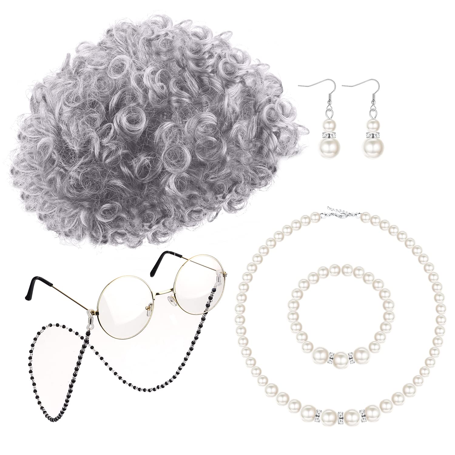 MILACOLATO Old Lady Costume Set Old Lady Wig Grandma Wig White Grey Black Granny Cap Bead Chain Cords Artificial Pearl Necklace Bracelet Earrings Adult Fancy Dress Accessories Fits All, GrayBoom