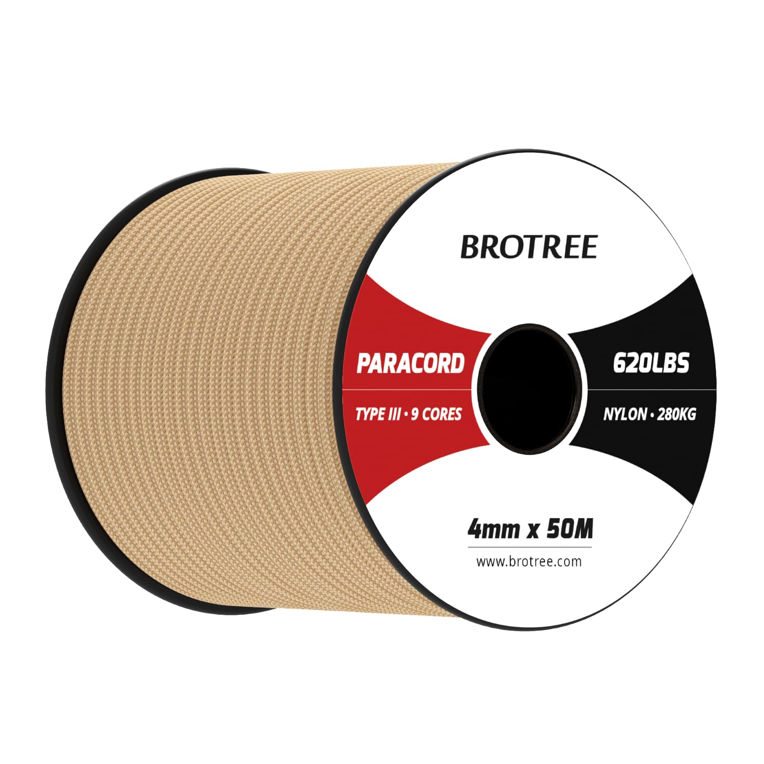 Brotree Paracord 4mm 50M 9 Strands 100% Nylon Rope Type 3 Parachute Cord for Outdoor, Bracelet, DIY - 280kg Breaking Load (Khaki)