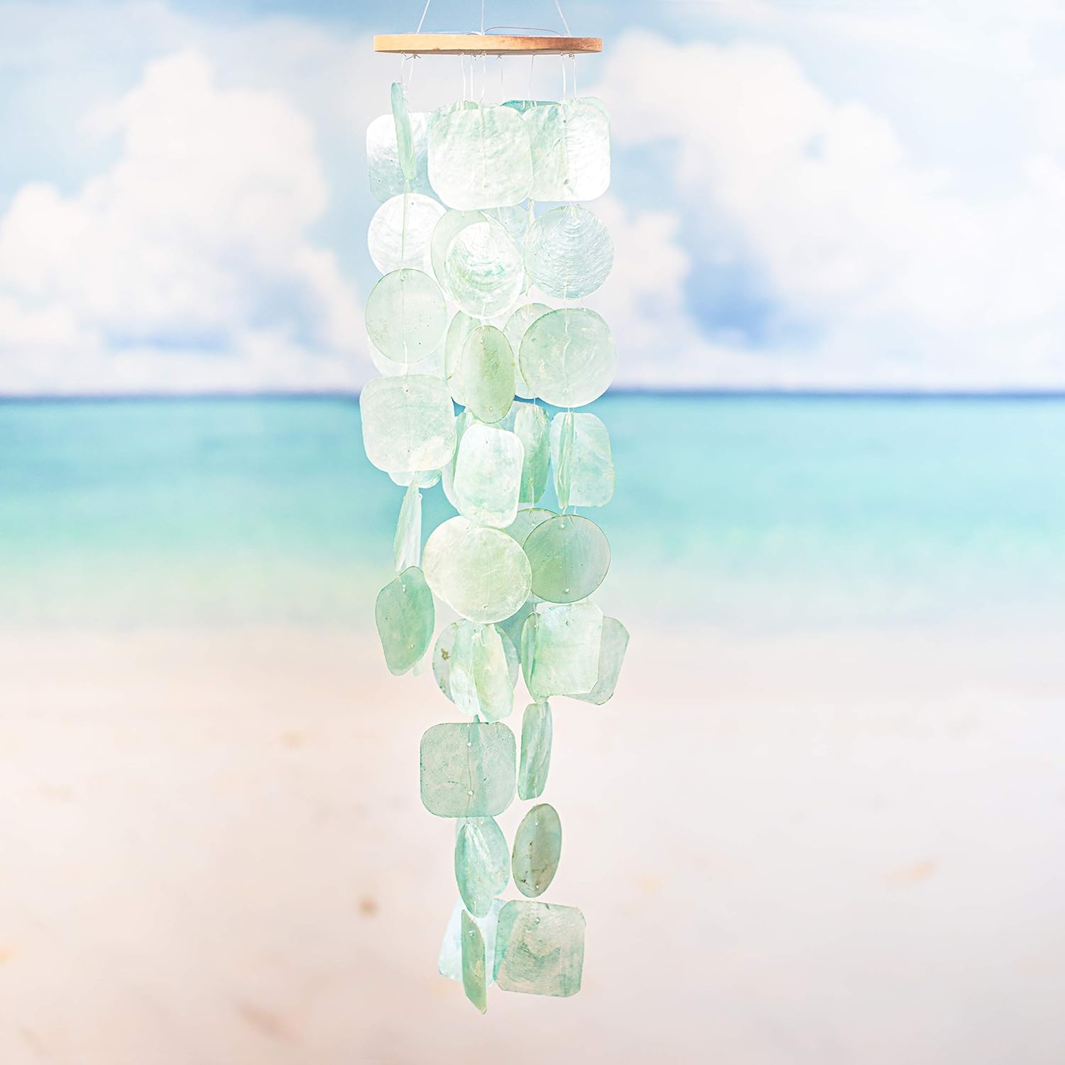 Solange & Frances Windchimes Unique. This Capiz Shell Wind Chime is Turquoise and 26 inches Long. This Outdoors Windchime is The Perfect Chimes Decor. : Garden & Outdoor