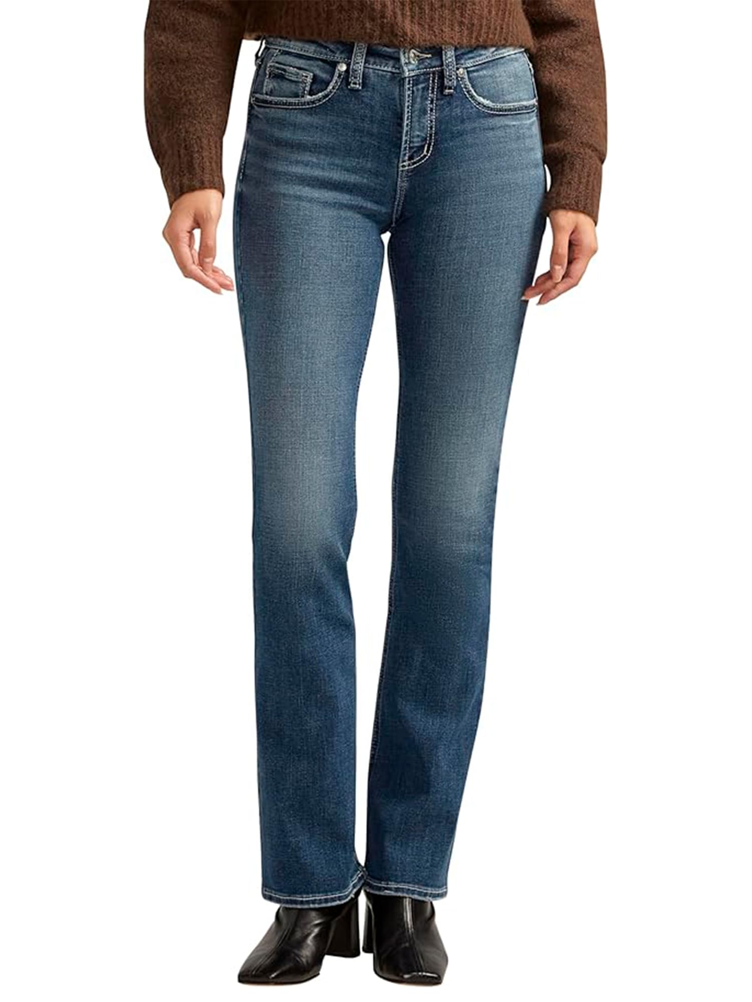 Silver Jeans Co. Women’s Suki Mid Rise Curvy Fit Slim Bootcut Jeans, Med Wash ECF340, 25W x 31L