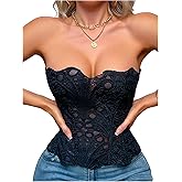 MakeMeChic Women's Black Corset Tops Y2K Floral Lace Sleeveless Open Back Strapless Body Shaper