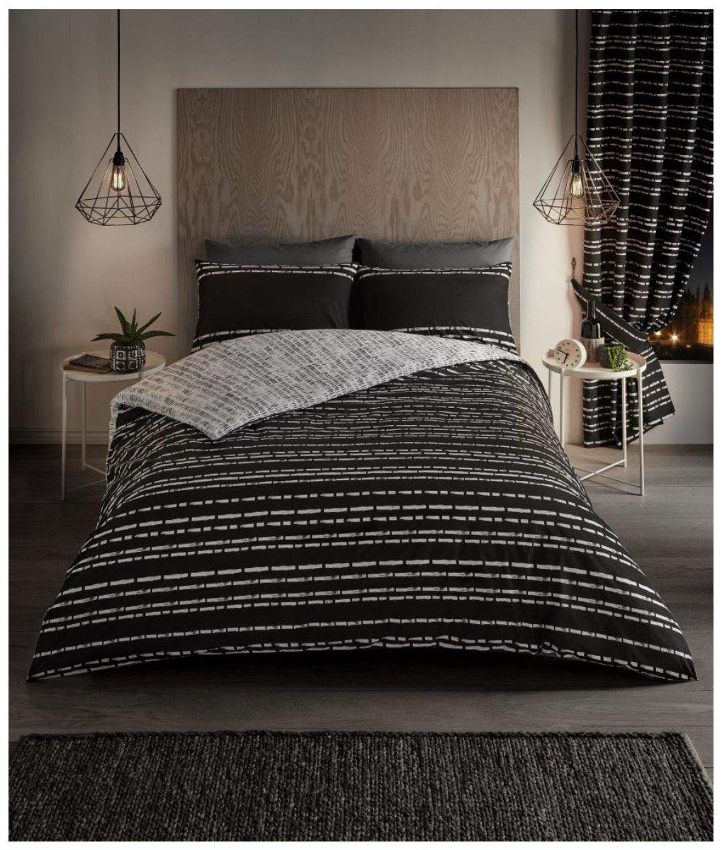Luxurious Printed Seb Stripe Duvet Cover, Easy Care Soft & Cosy Reversible Tie Dye Quilt Bedding Set, Seb Stripe, King, Black