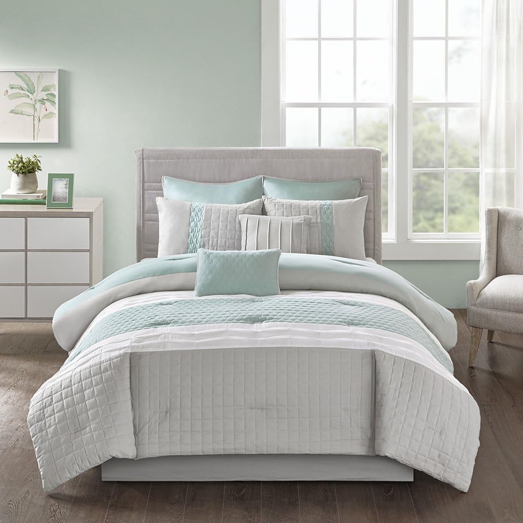 510 DESIGN Tinsley 8 Piece Ultra Soft Quilted Comforter Set Bedding, Queen Size, Seafoam/Grey: Home & Kitchen