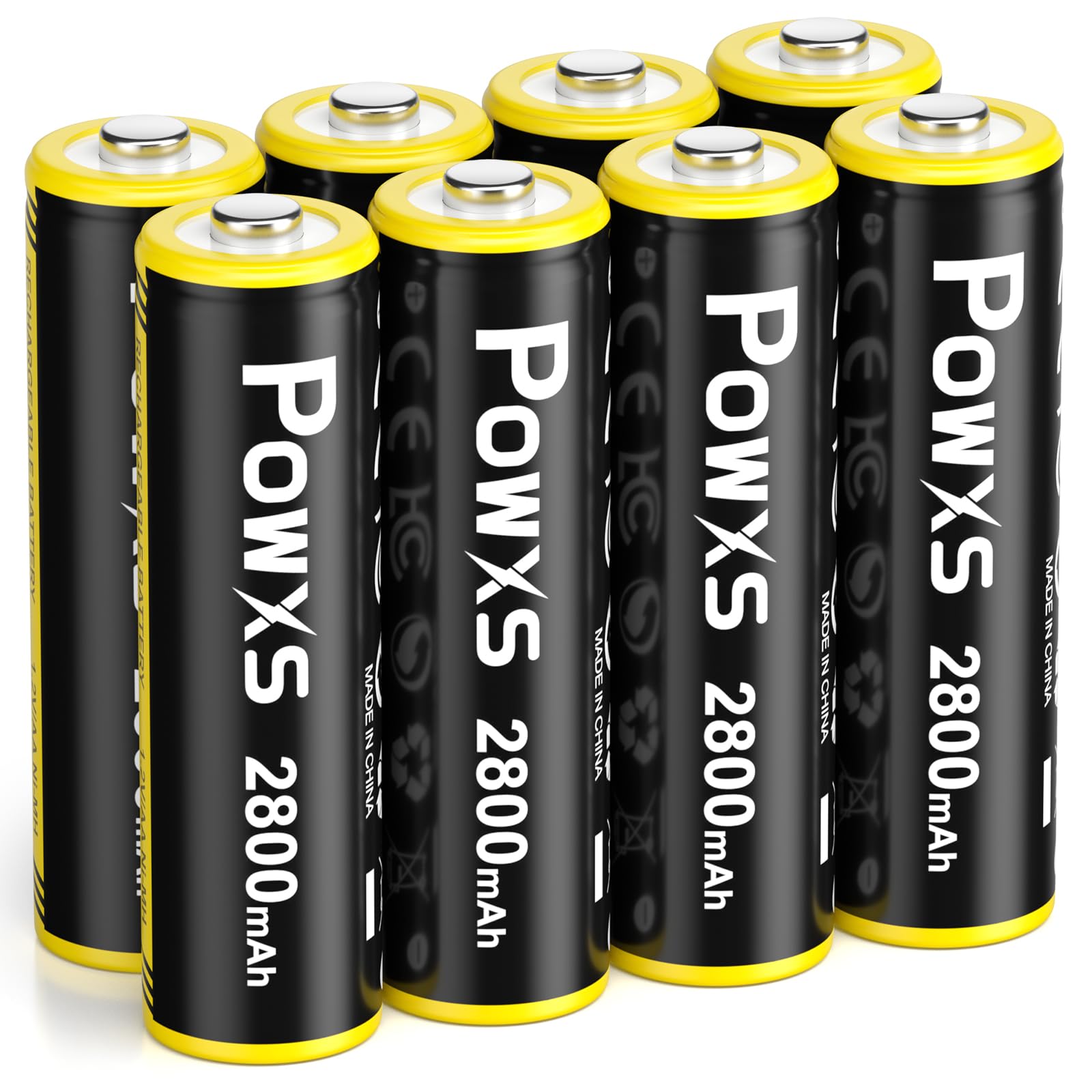 POWXS 単3電池 充電式 ニッケル水素 単三電池 2800mAh 約1300回使用可能 8本入り 低自己放電 液漏れ防止 充電池 単3 単3形 単三充電池（アップグレード 黒＋黄） の商品画像